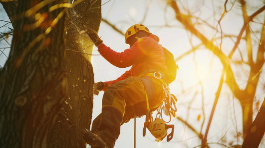 tree arborist wearing safety gear pruning a large tree in early day