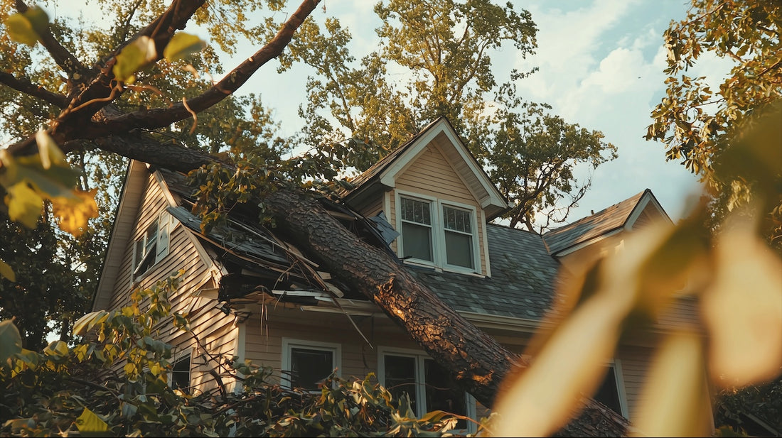 image of a tree falling on a house